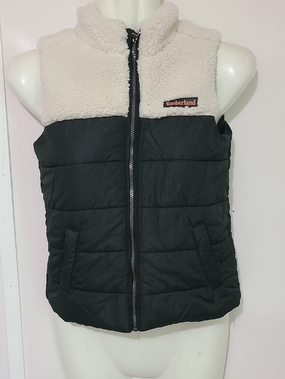 Timberland Black Quilted Vest with Cream Sherpa Yoke